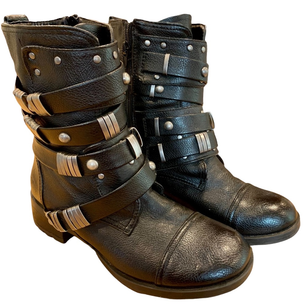 Skechers Lunacy Dragon Tattoo Black Buckled Faux Leather Combat Boots 6.5